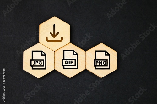 hexagon with three icons JPG, GIF, and PNG. There are three file formats for graphics. photo