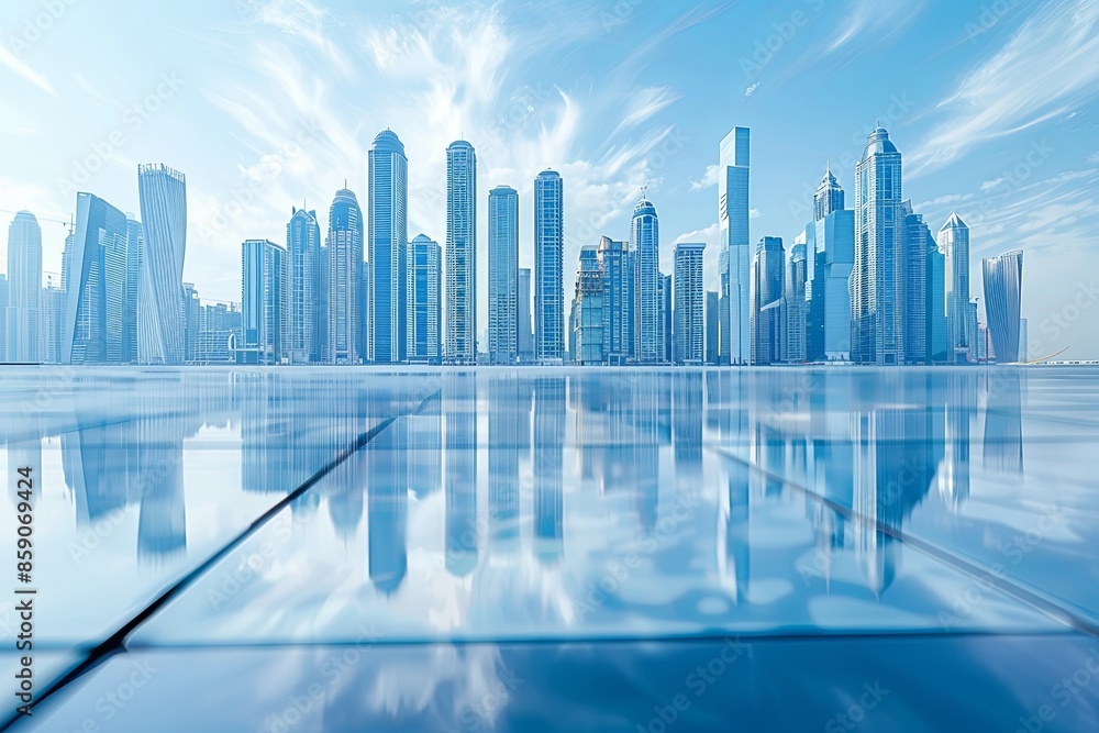 Modern city skyline with skyscrappers and reflection created with Generative AI Modern city skyline with skyscrappers and reflection created with Generative AI