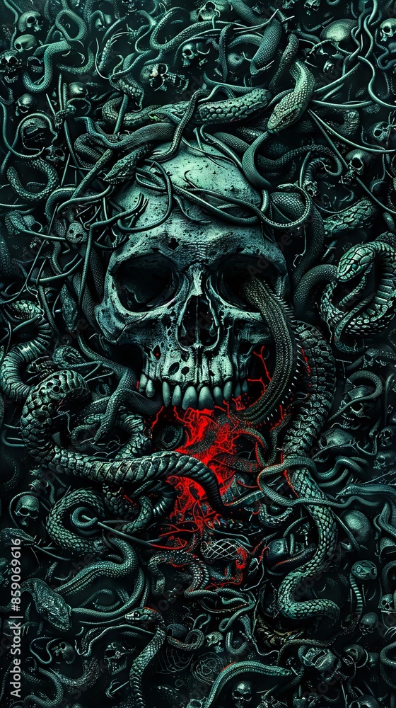 A dark skull surrounded by snakes and other creatures. A dark skull surrounded by snakes and other creatures.