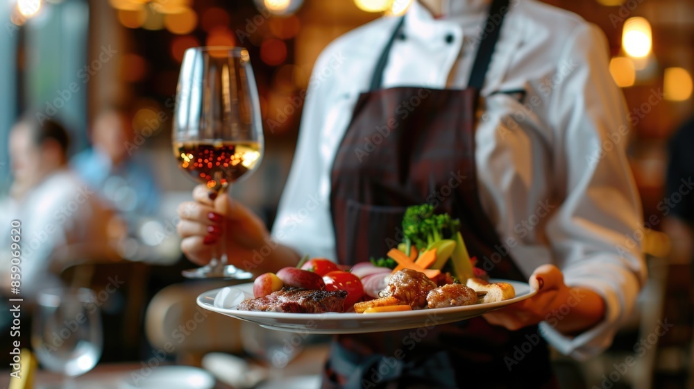 A young waitress is carrying out an order on a platter in a restaurant or hotel A young waitress is carrying out an order on a platter in a restaurant or hotel