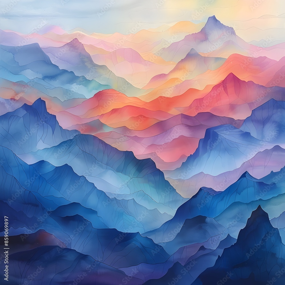 Ethereal Watercolor Mountain Landscape in Dreamy Pastel Hues