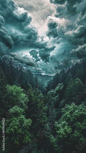 Dramatic forest canopy under stormy clouds, wilderness scene © iVGraphic