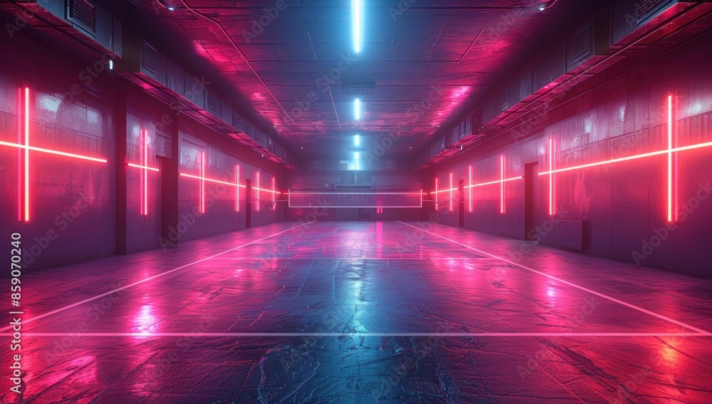 Empty Indoor Volleyball Court With Fog and Lights at Night Empty Indoor Volleyball Court With Fog and Lights at Night