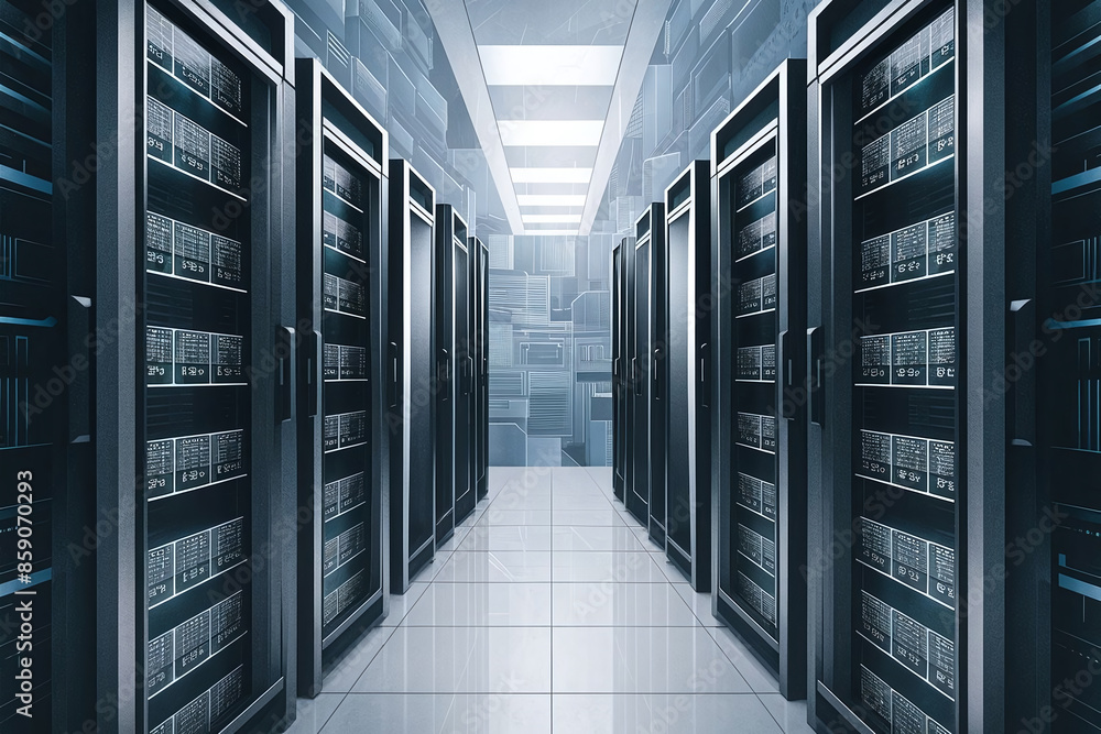 High-tech server room with multiple server racks filled with advanced supercomputer servers, showcasing a modern technology concept background. High-tech server room with multiple server racks filled with advanced supercomputer servers, showcasing a modern technology concept background.
