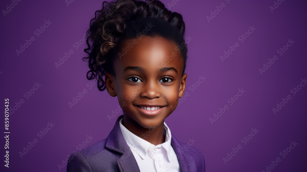 Portrait of smiling cute African American child girl with perfect skin, purple background, banner. Portrait of smiling cute African American child girl with perfect skin, purple background, banner.