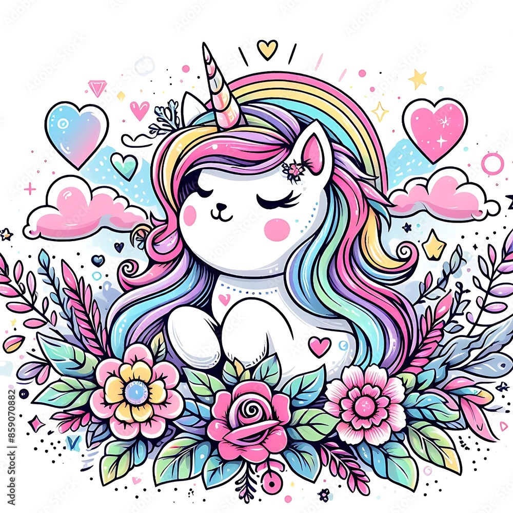 A cartoon unicorn design colours graphic with rainbow hair and flowers vector professional. A cartoon unicorn design colours graphic with rainbow hair and flowers vector professional.