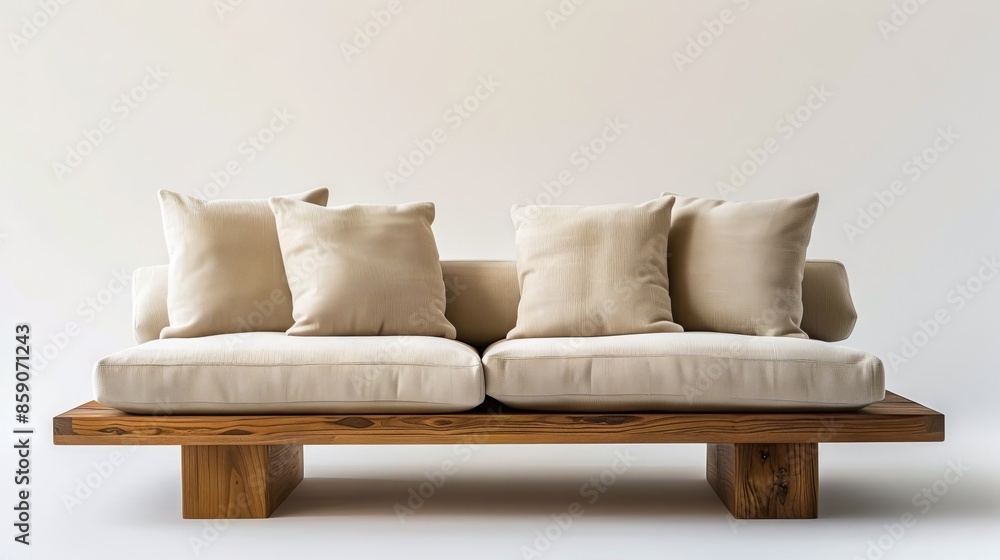 Fototapeta premium A wooden bench with two pillows on it.