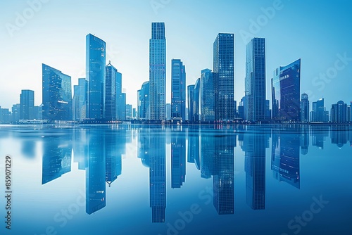 Modern city skyline with skyscrappers and reflection created with Generative AI