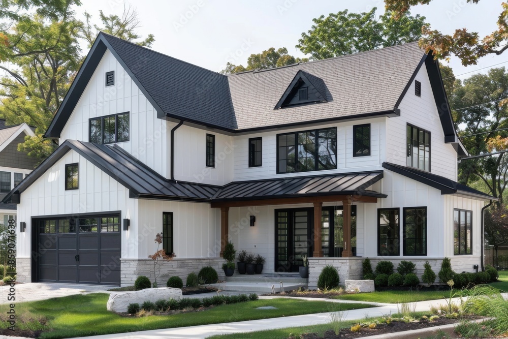Black Windows. New White Modern Farmhouse with Dark Shingled Roof in Oak Park, IL, USA Black Windows. New White Modern Farmhouse with Dark Shingled Roof in Oak Park, IL, USA