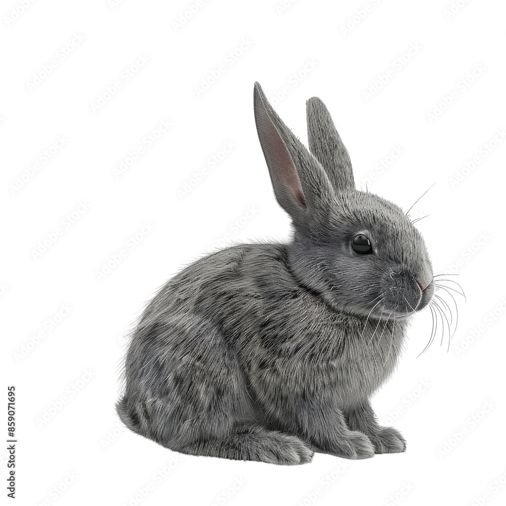 Obraz premium Adorable gray rabbit with fluffy fur sitting and looking at the camera, perfect for nature and wildlife-themed stock photos.