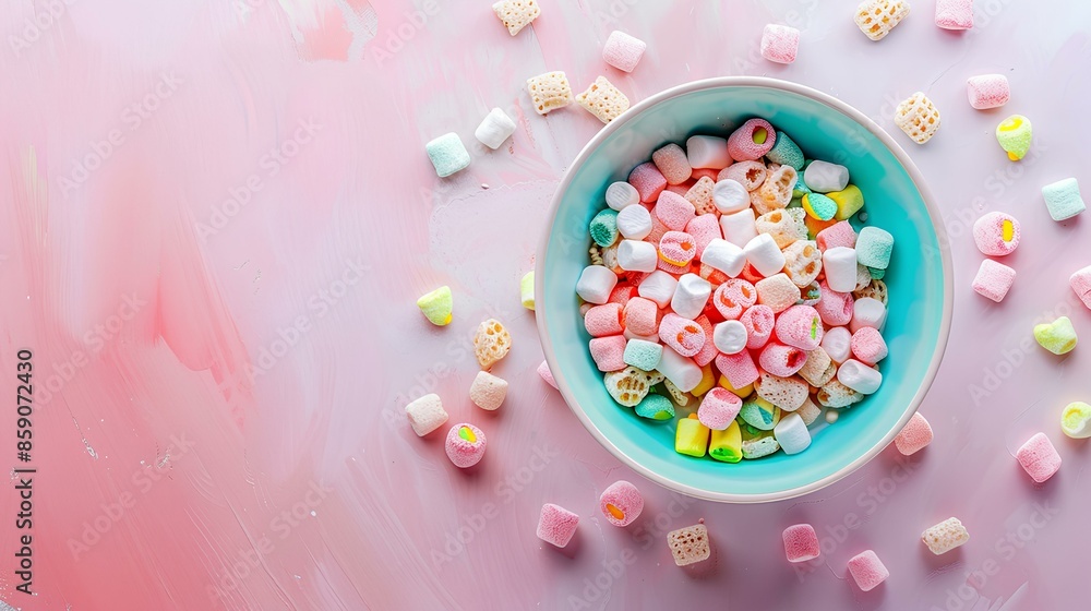 A vibrant bowl of kids' favorite cereal with marshmallows, displayed in a turquoise bowl on a pastel pink background. A vibrant bowl of kids' favorite cereal with marshmallows, displayed in a turquoise bowl on a pastel pink background.