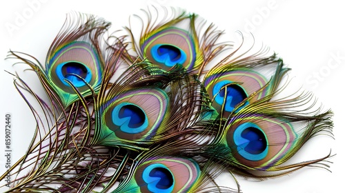 A vibrant close-up of peacock feathers showcasing their intricate patterns and vivid colors. photo
