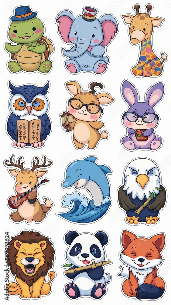 Obraz premium Adorable Cartoon Animal Stickers Collection Featuring Cute Turtle, Owl, Giraffe, Eagle, Elephant, Deer, Panda, Dolphin, Lion, and Fox Illustrations