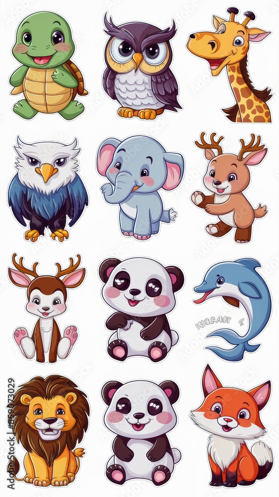 Fototapeta premium Adorable Cartoon Animal Stickers Collection Featuring Cute Turtle, Owl, Giraffe, Eagle, Elephant, Deer, Panda, Dolphin, Lion, and Fox Illustrations
