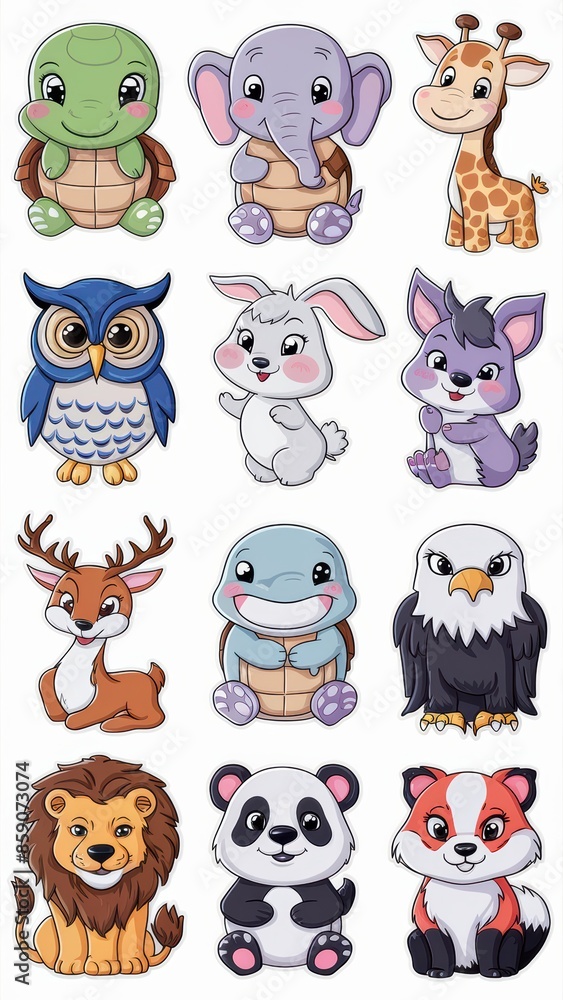 Naklejka premium Adorable Cartoon Animal Stickers Collection Featuring Cute Turtle, Owl, Giraffe, Eagle, Elephant, Deer, Panda, Dolphin, Lion, and Fox Illustrations