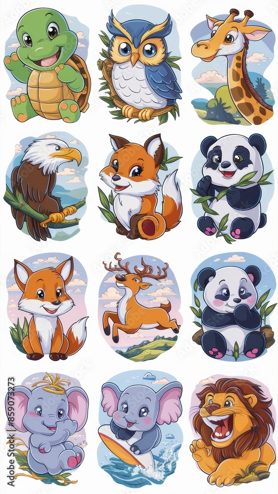 Fototapeta premium Adorable Cartoon Animal Stickers Collection Featuring Cute Turtle, Owl, Giraffe, Eagle, Elephant, Deer, Panda, Dolphin, Lion, and Fox Illustrations