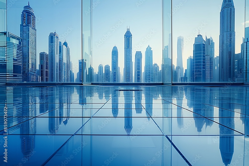Modern city skyline with skyscrappers and reflection created with Generative AI Modern city skyline with skyscrappers and reflection created with Generative AI