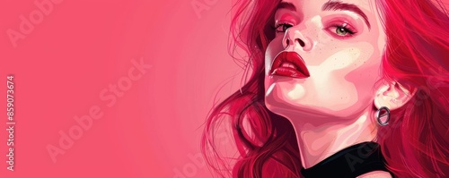 A woman with red hair and red lips is the main focus of the image. The background is pink, which adds to the overall aesthetic of the image. The woman's red hair and lips create a bold. 