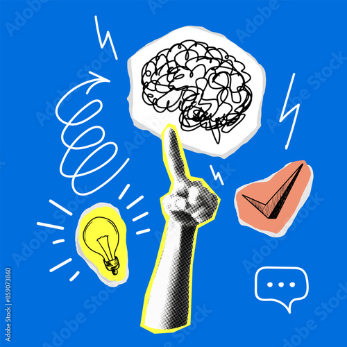 Pop art style collage. Halftone hand with index finger. Brain, lamp bulb, check mark sketches. Cut out newspaper elements. Modern design element. Idea, inspiration, marketing concept. Contemporary art