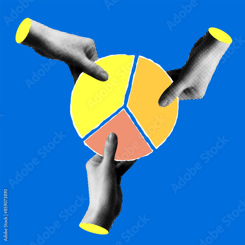 Modern collage with pie chart. Halftone hands holding pieces of pie chart. Trendy newspaper parts and torn paper. Business analytics. Marketing analysis concept