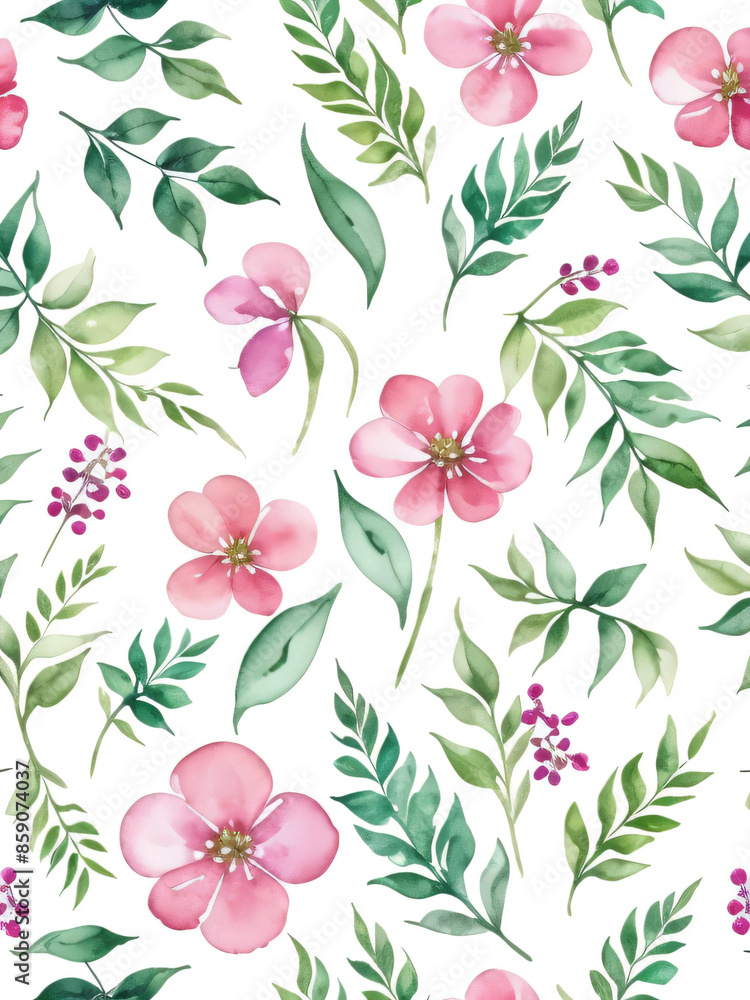 Obraz premium a floral border adorned with pink flowers, green leaves, and purple berries.