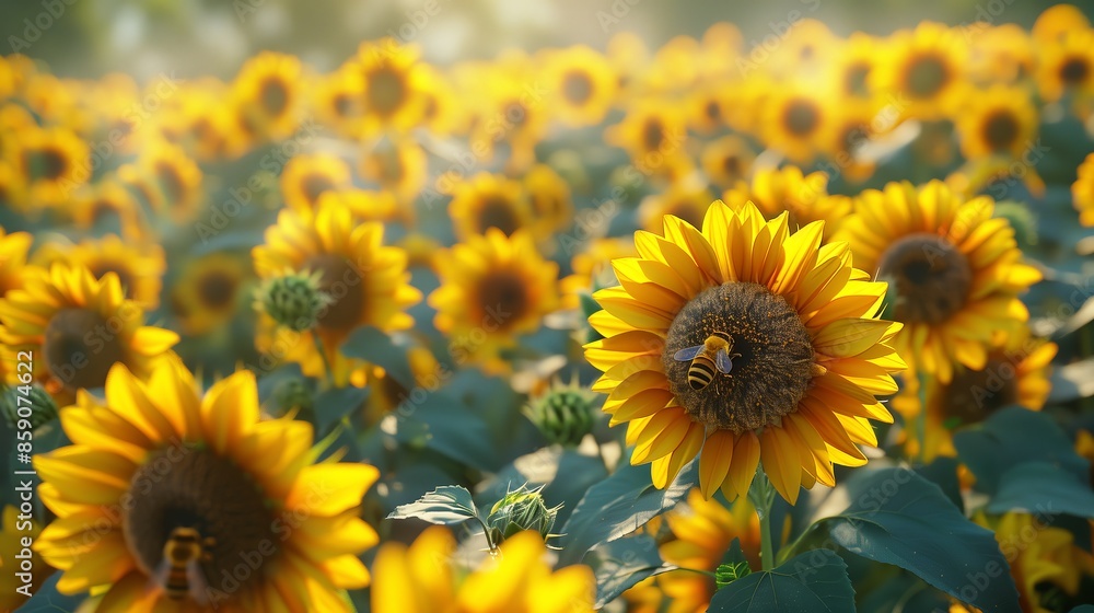 Fototapeta premium Sunflower Field with Bee.