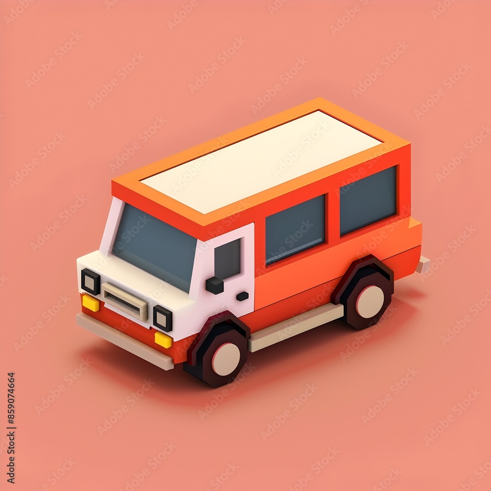 Cute 3D Isometric Pixel Art Delivery Van on Bright Colored Background Cute 3D Isometric Pixel Art Delivery Van on Bright Colored Background