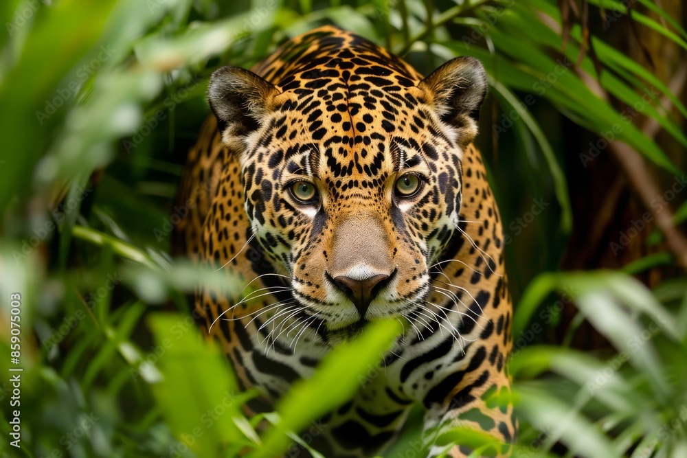 A Close-Up of a Jaguar in a Lush Jungle Setting A Close-Up of a Jaguar in a Lush Jungle Setting