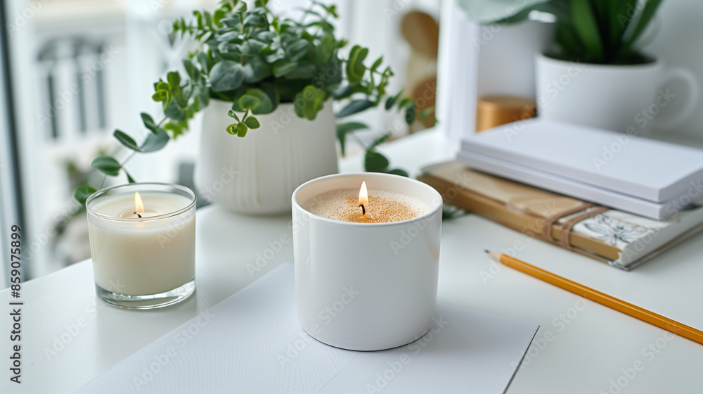 Flat Lay of a Neat and Tidy Desk with Standard Paper, Candle, Yellow Pencil, Notebooks, and Coffee Cup in Natural Light Flat Lay of a Neat and Tidy Desk with Standard Paper, Candle, Yellow Pencil, Notebooks, and Coffee Cup in Natural Light