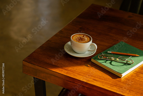 Beautiful hot latte, glasses, pencil and note book on wood table background with morning light.