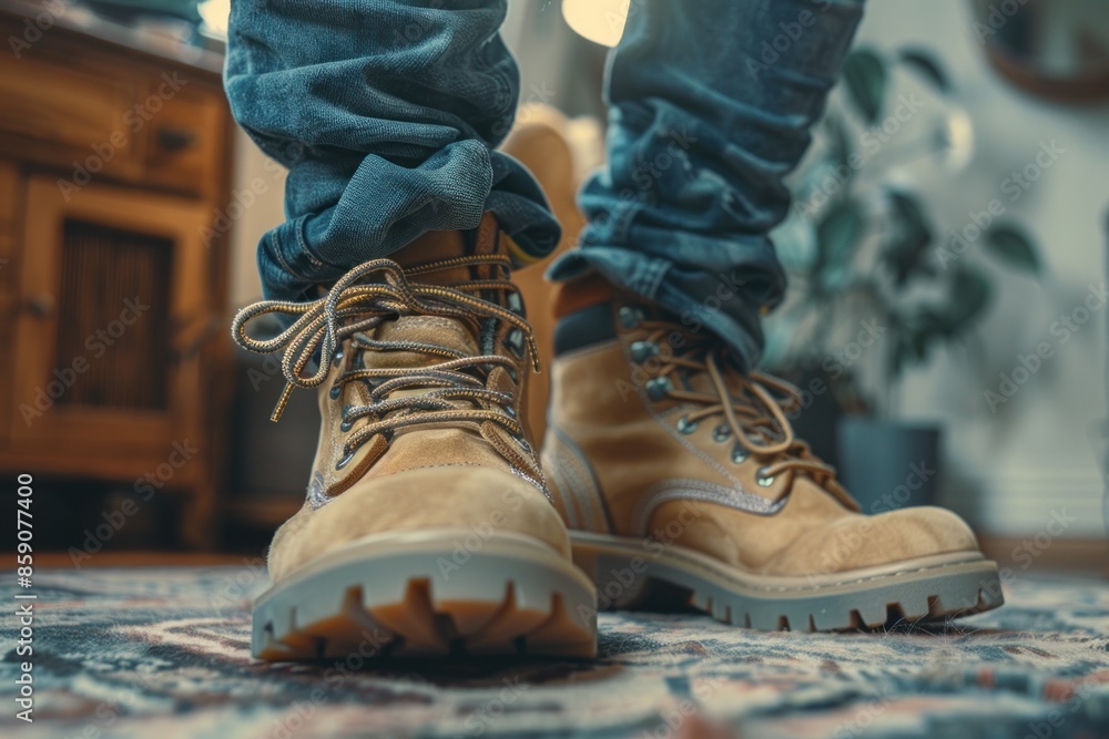 A person is wearing brown boots and blue jeans A person is wearing brown boots and blue jeans