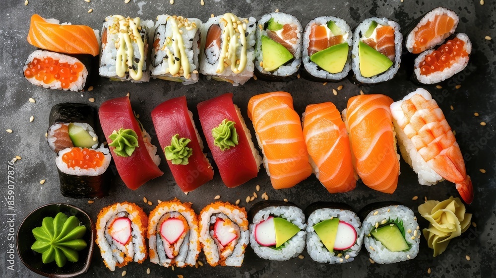 Assorted Japanese sushi rolls with tuna salmon shrimp avocado and more ingredients Top down view menu with copy space Assorted Japanese sushi rolls with tuna salmon shrimp avocado and more ingredients Top down view menu with copy space