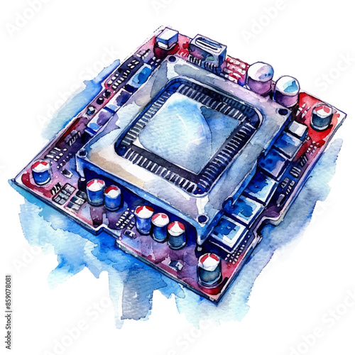 watercolor cpu on white background
