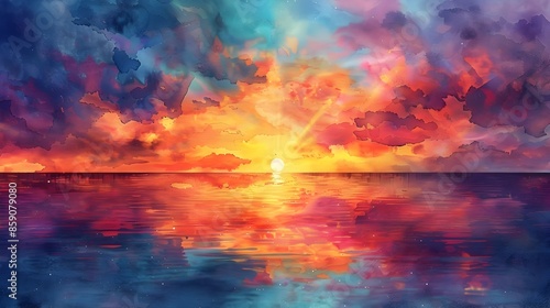 Vibrant Watercolor Sunset Landscape with Dreamy Atmospheric Tones