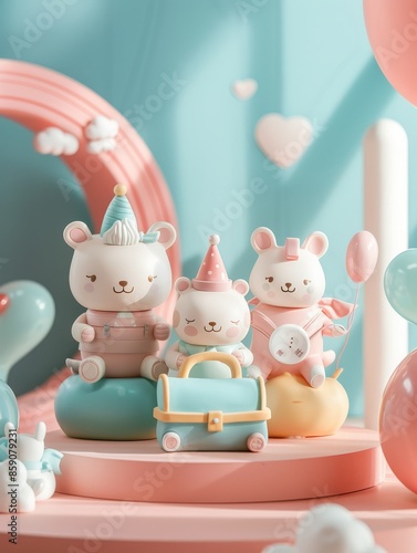 3d render cute cartoon animals scene for background image