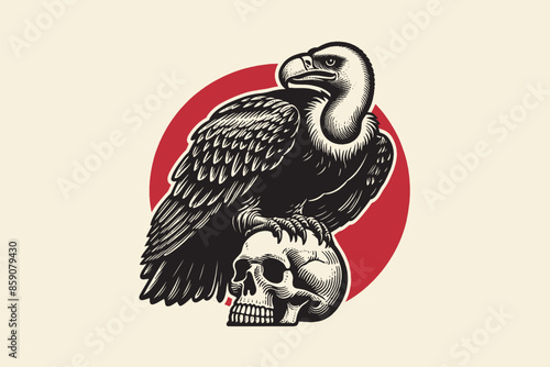 A vulture bird sitting on a human skull. Vintage engraving vector illustration, sketch, tattoo, print, emblem. isolated object, cut out