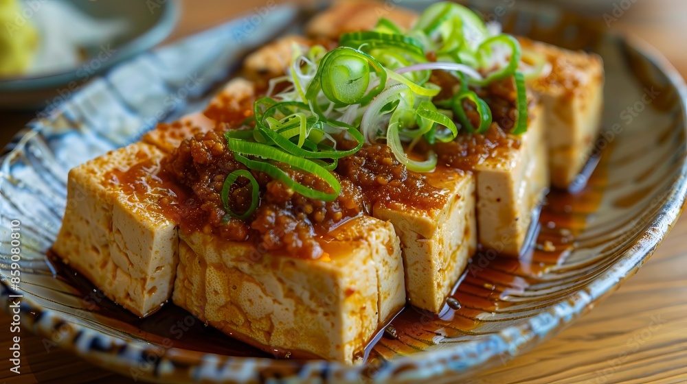 A plate of tofu with sauce and green onions. A plate of tofu with sauce and green onions.
