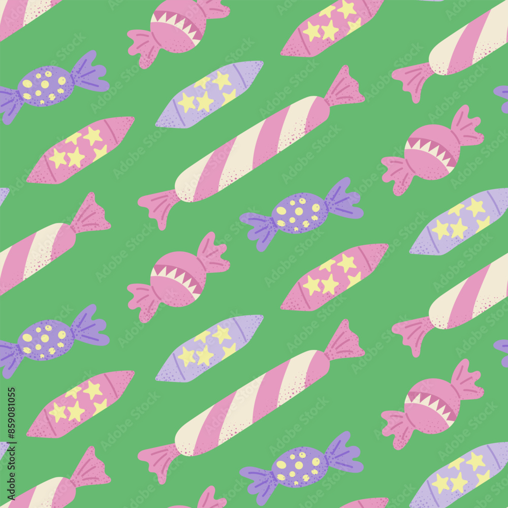Flat seamless pattern with candies in childish style and in candy colors. Vector holiday illustration for party, celebration on green background. Perfect for wrapping, wallpaper, kids textile Flat seamless pattern with candies in childish style and in candy colors. Vector holiday illustration for party, celebration on green background. Perfect for wrapping, wallpaper, kids textile