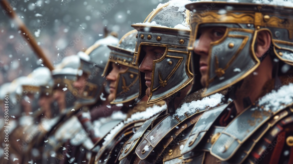 A group of ancient Roman soldiers wearing armor and helmets lined up A group of ancient Roman soldiers wearing armor and helmets lined up