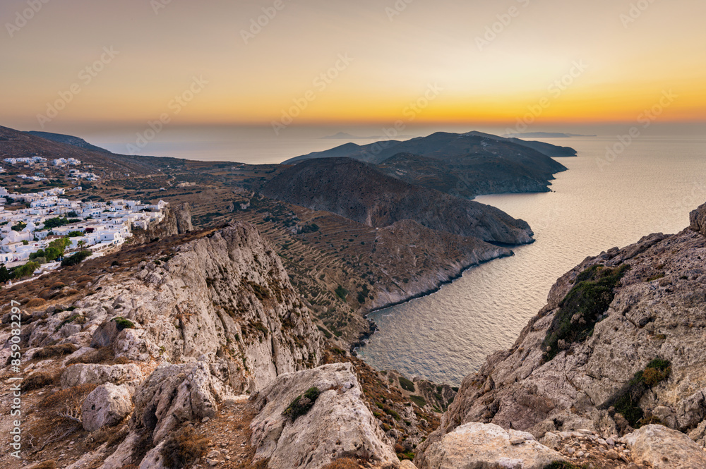 View of Folegandros village and surrounding landscape.