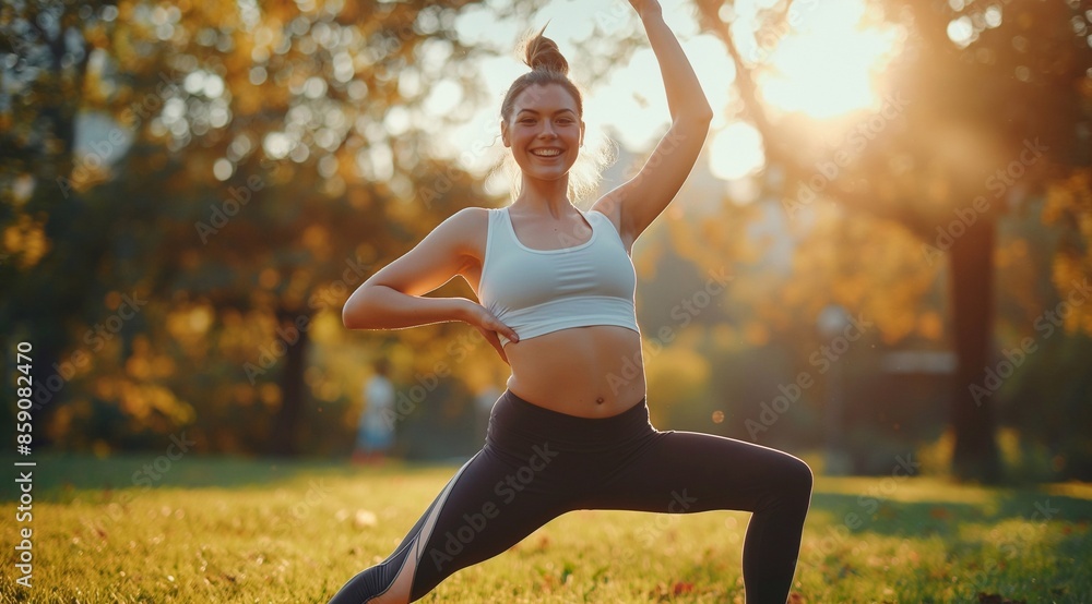 Happy smiling active flexible fit sporty young woman wearing sportswear doing yoga stretching exercise raising leg training muscles flexibility and body balance in nature park outdoors. Happy smiling active flexible fit sporty young woman wearing sportswear doing yoga stretching exercise raising leg training muscles flexibility and body balance in nature park outdoors.