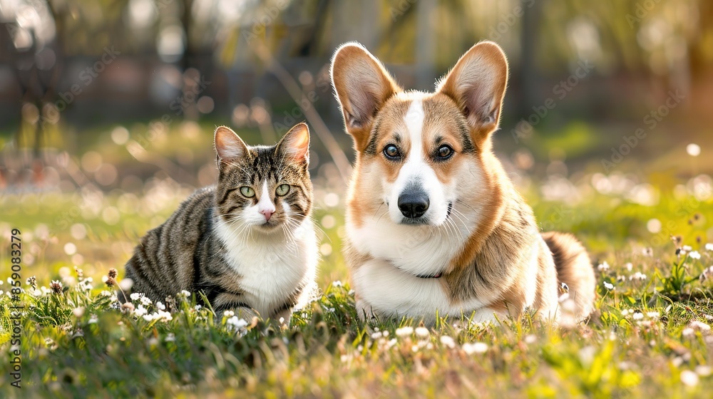 Corgi and Cat Friends in a Sunny Meadow Corgi and Cat Friends in a Sunny Meadow