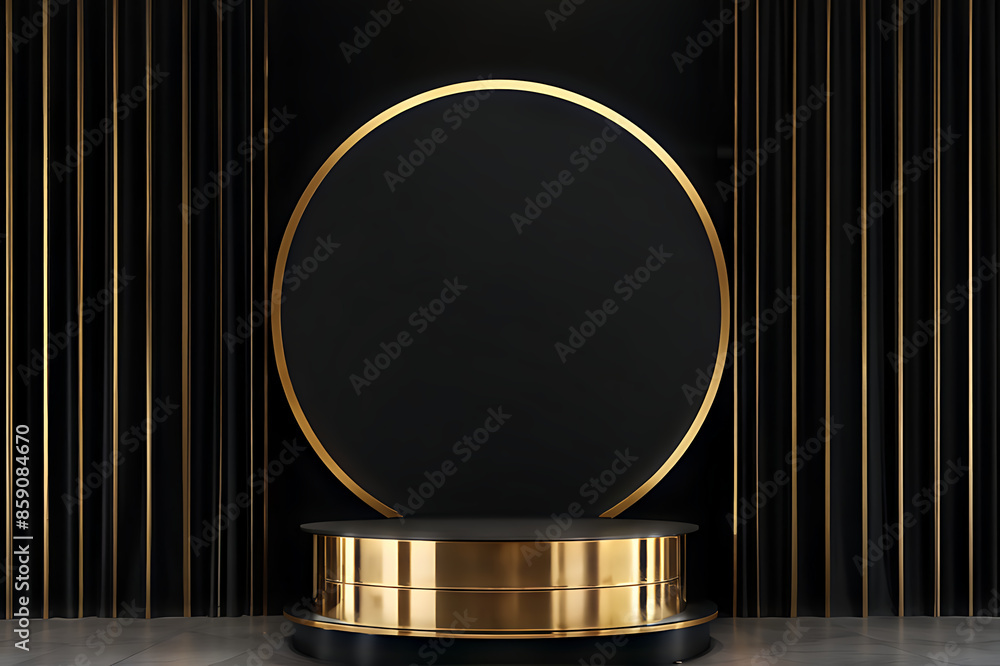 Gold black podium background 3D golden product line stage dark platform wave display. Design podium black luxury gold light scene pedestal presentation showcase event beauty object cosmetic sale Gold black podium background 3D golden product line stage dark platform wave display. Design podium black luxury gold light scene pedestal presentation showcase event beauty object cosmetic sale
