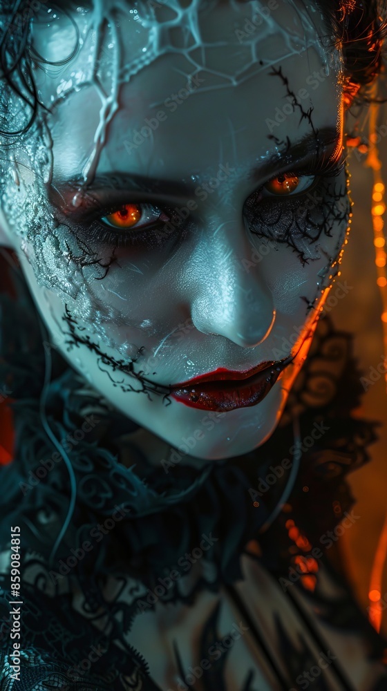 A woman with makeup and a spider web on her face. A woman with makeup and a spider web on her face.