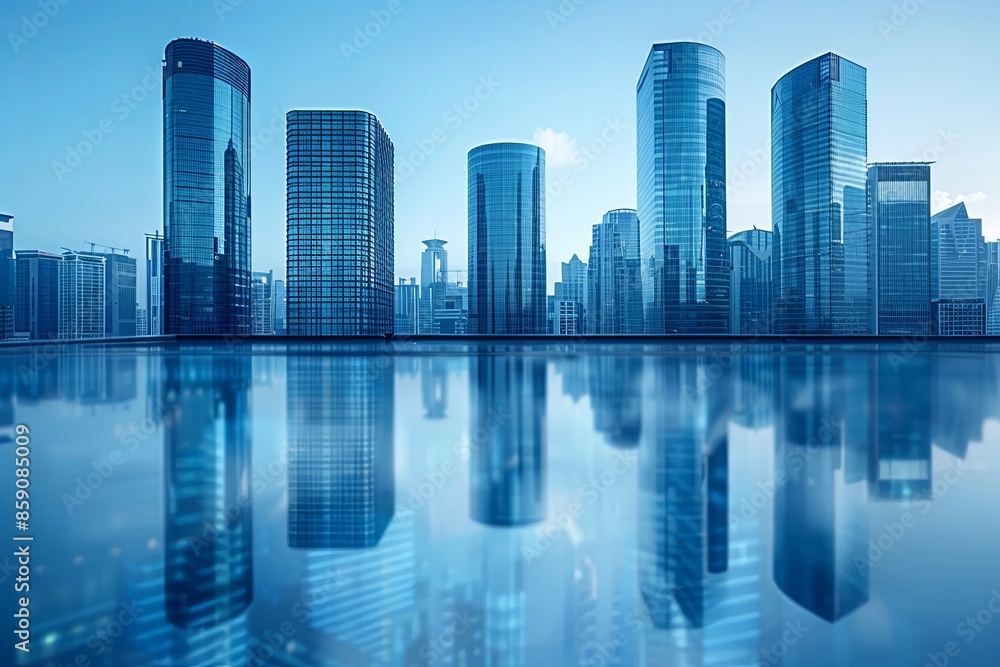 Modern city skyline with skyscrappers and reflection created with Generative AI Modern city skyline with skyscrappers and reflection created with Generative AI