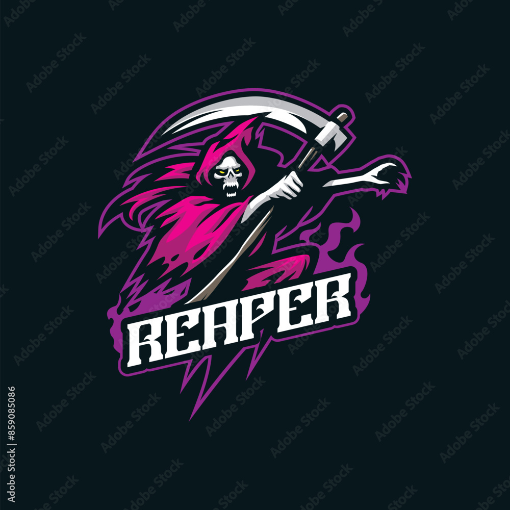 Reaper mascot logo design vector with modern illustration concept style for badge, emblem and t shirt printing. Reaper illustration for sport and esport team. Reaper mascot logo design vector with modern illustration concept style for badge, emblem and t shirt printing. Reaper illustration for sport and esport team.