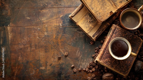Ancient Books with Coffee Distressed Background Empty Space