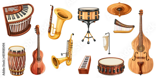 Set of international musical instruments on white background.