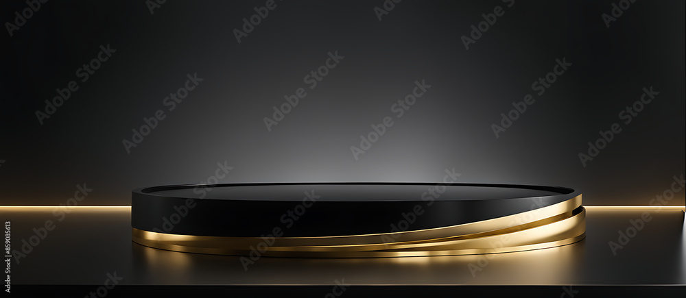 Gold black podium background 3D golden product line stage dark platform wave display. Design podium black luxury gold light scene pedestal presentation showcase event beauty object cosmetic sale Gold black podium background 3D golden product line stage dark platform wave display. Design podium black luxury gold light scene pedestal presentation showcase event beauty object cosmetic sale