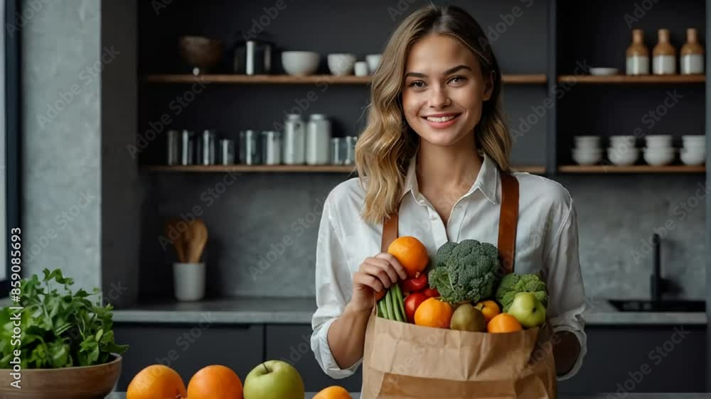 Beautiful girl holding a paper bag with vegetables and fruits in the kitchen Beautiful girl holding a paper bag with vegetables and fruits in the kitchen